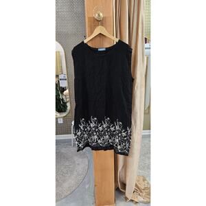 Black Sleeveless Sheath Linen with white embroidered hemline by Cupcake Clothing